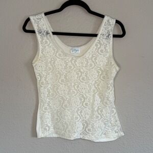 Vintage Cream Sheer Lace Tank Womens Medium Crochet Trim Angelcore Romantic Boho